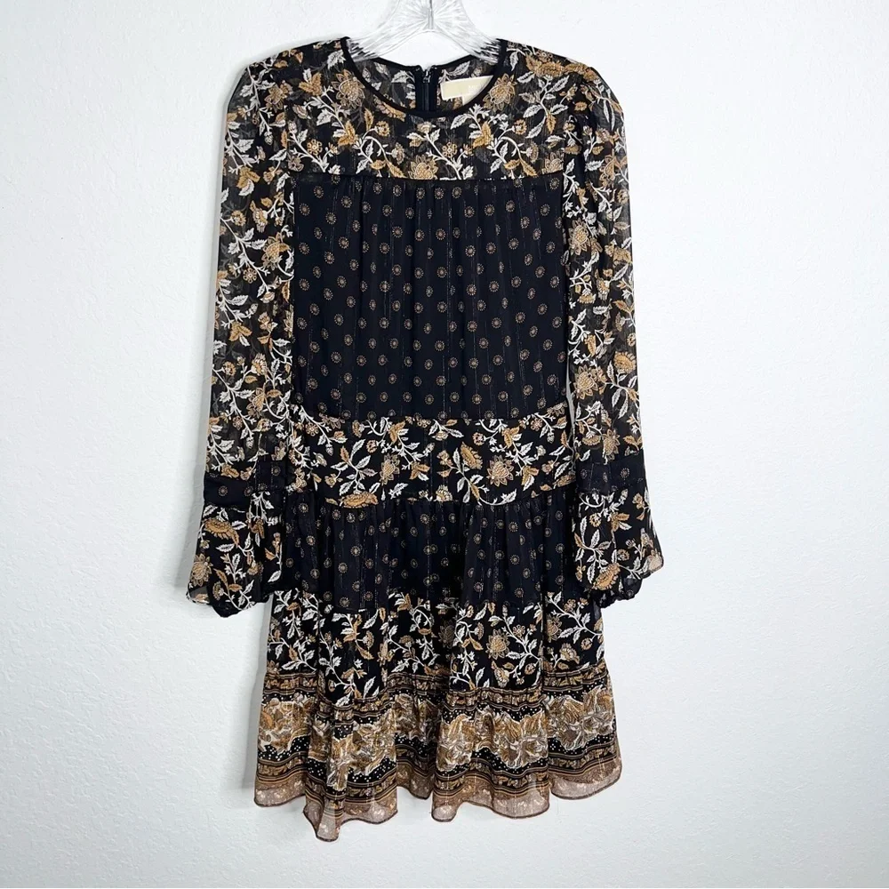 Michael Kors Dress Women XS Georgette Paisley Gold Mettalic Floral AA